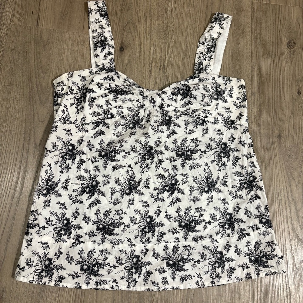 Ann Taylor Loft White Black Floral Cotton Sleeveless Top Sz 10 Cottagecore